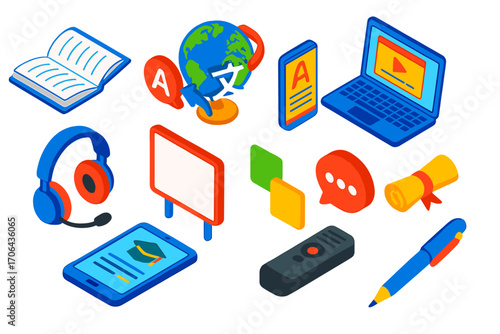 Educational Tech Tools. Isometric vector illustration set language, learning, and tech tools: open book, translation globe, laptop