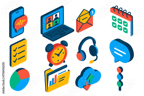 Productivity Icons Set. Isometric vector illustration set communication and productivity: smartphone with voice message icon,