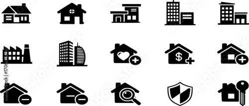 House and home icon set vector. Collection of buildings related solid icons