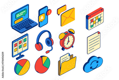 Productivity Tools Icons. Isometric vector illustration set communication and productivity: laptop with messaging app, smartphone