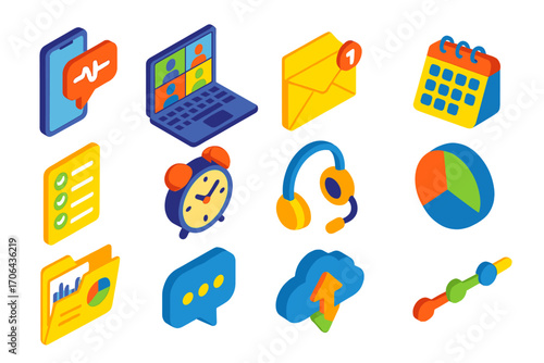Productivity Icons Set. Isometric vector illustration set communication and productivity: smartphone with voice message icon,