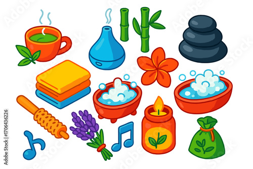 Wellness Icon Set. Isometric vector illustration set relaxation icons for wellness: steaming herbal tea cup, diffuser device,