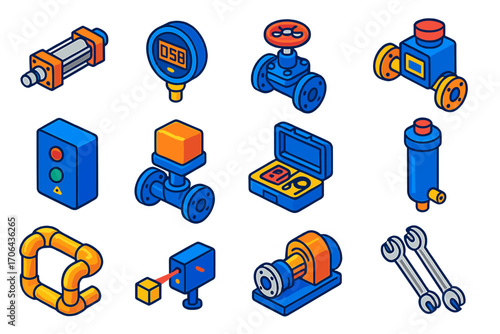 Industrial Automation Icons. Isometric vector illustration set industrial automation: pneumatic cylinder, digital pressure gauge,