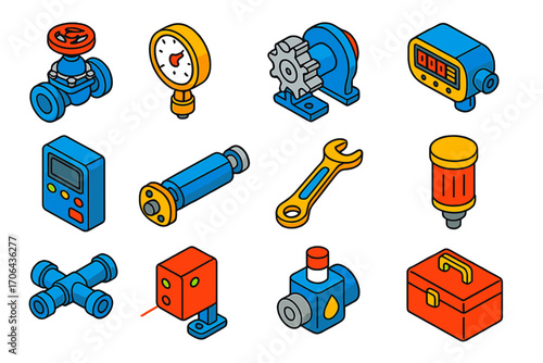 Industrial Automation Icons. Isometric vector illustration set industrial automation: diaphragm valve, analog pressure gauge, gear