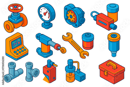 Industrial Automation Icons. Isometric vector illustration set industrial automation: diaphragm valve, analog pressure gauge, gear