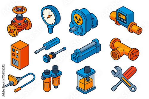 Industrial Automation Icons. Isometric vector illustration set industrial automation: diaphragm valve, analog pressure dial,