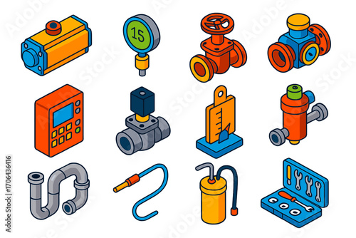 Industrial Automation Icons. Isometric vector illustration set industrial automation: pneumatic actuator, digital pressure gauge,
