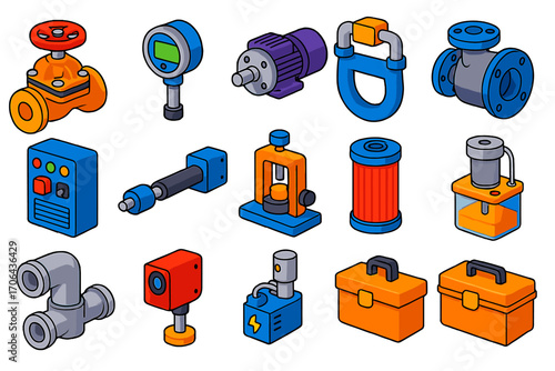 Industrial Automation Icons. Isometric vector illustration set industrial automation: diaphragm valve, digital pressure gauge,