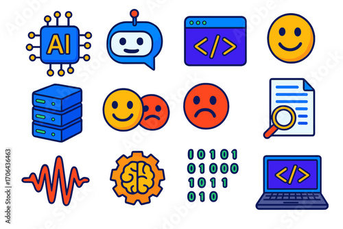 Colorful Tech Icons. Isometric vector illustration set AI, chat, code, NLP, database, sentiment: neural chip icon, chatbot bubble