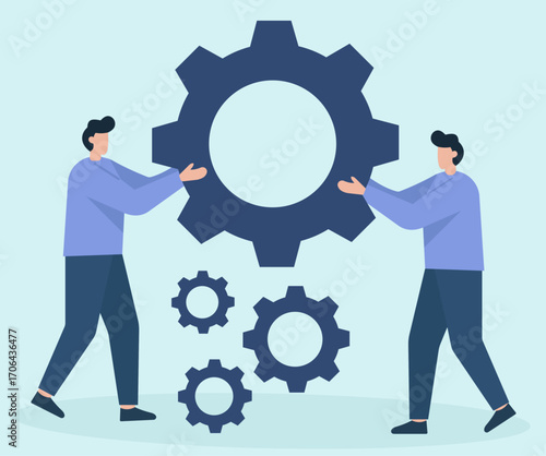 Two teammates align a central gear, symbolizing collaboration, shared effort, and interconnected systems in a clean, modern style