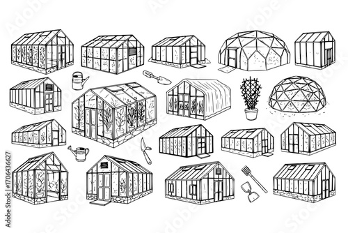 Greenhouse Facilities Doodle Vector Set – Hand-Drawn Gardening and Agriculture Icons, Greenhouse Structures, Plant Cultivation and Farming Symbols, Isolated Elements for Eco and Horticulture Designs
