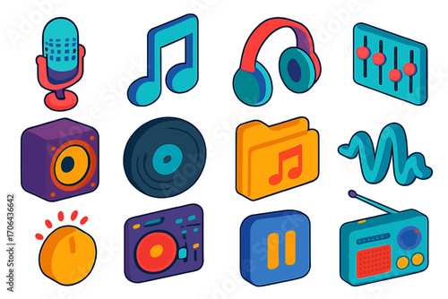 Vibrant Music Icons. Isometric vector illustration set audio and music icons for digital applications and interfaces: condenser