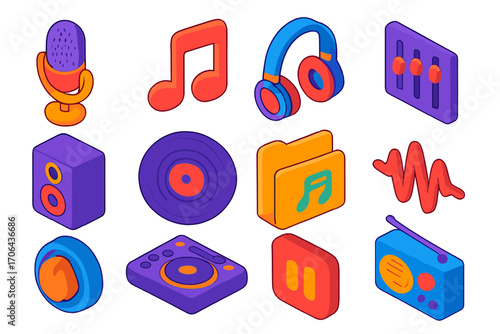 Vibrant Music Icons. Isometric vector illustration set audio and music icons for digital applications and interfaces: condenser