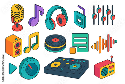 Vibrant Audio Icon Set. Isometric vector illustration set audio and music icons for digital applications and interfaces: retro mic