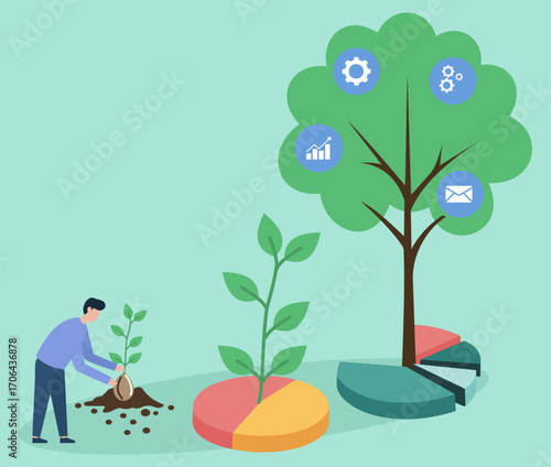 From seed to success—this flat vector shows business growth through stages of investment, development, and operational maturity