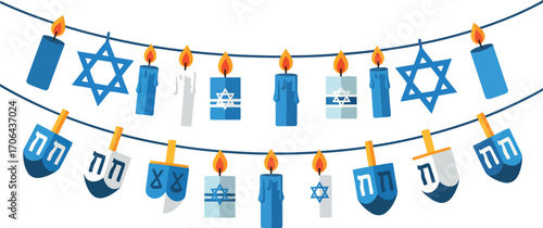 A festive and decorative Hanukkah garland with a playful string of lit candles, Stars of David, and traditional dreidels, symbolizing a cheerful Jewish holiday celebration.