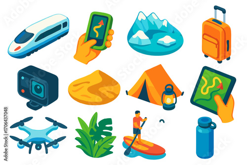 Vibrant Travel Icons. Isometric vector illustration set travel, technology, and nature themes: bullet train, GPS device in hand,