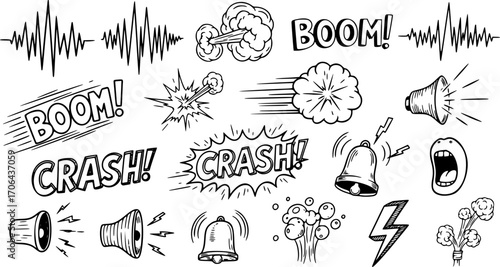 Loud Sound Doodle Vector Set – Hand-Drawn Audio and Noise Icons, Music and Sound Effects Symbols, Isolated Elements for Communication and Entertainment Designs