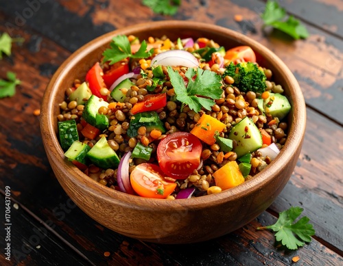 Colorful lentil salad in a wooden bowl on a dark wood table