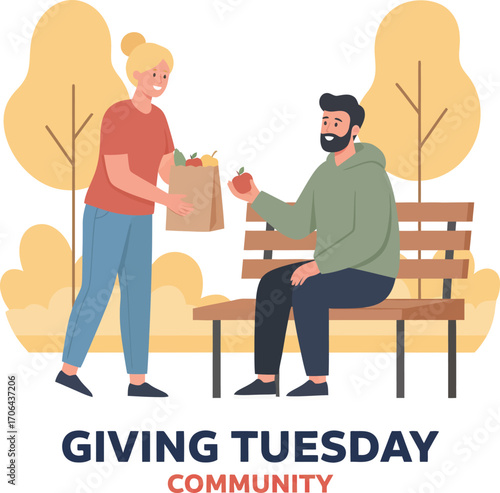 A kind woman offers groceries to a man on a bench, symbolizing the spirit of Giving Tuesday, community support, and charity toward those in need.