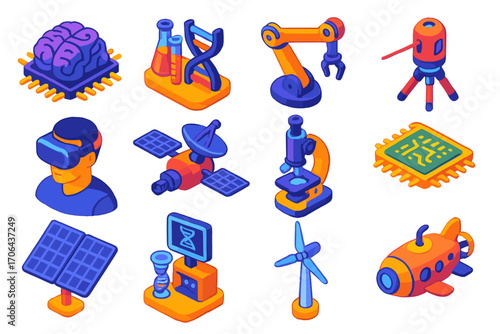 Futuristic Technology Icons. Isometric vector illustration set innovative technology and science icons: AI silicon brain, genetic