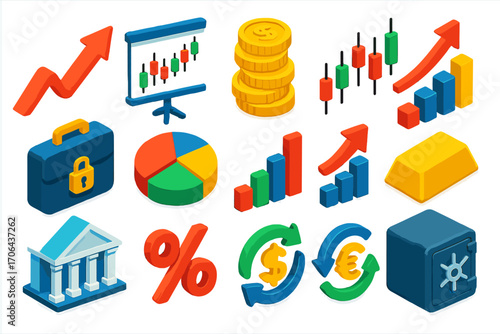 Financial Growth Icons. Isometric vector illustration set representing financial growth and trading trends in modern design: