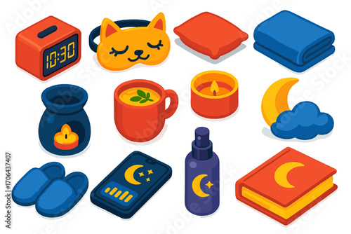 Sleep Wellness Icons. Isometric vector illustration set sleep and wellness icons featuring alarm clock and night mask: square