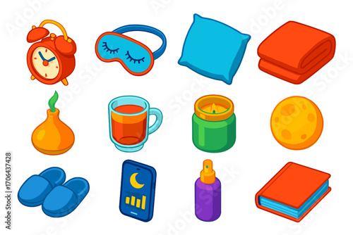 Sleep and Wellness Icons. Isometric vector illustration set sleep and wellness icons featuring alarm clock and night mask: classic