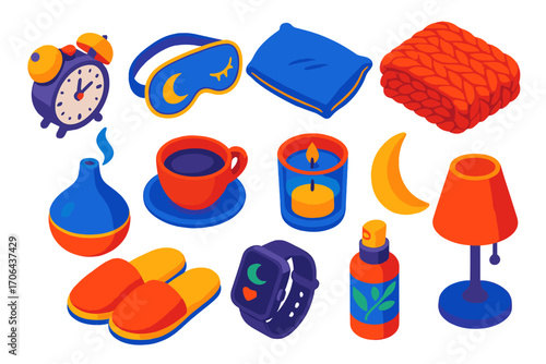 Sleep Wellness Icons. Isometric vector illustration set sleep and wellness icons featuring alarm clock and night mask: small