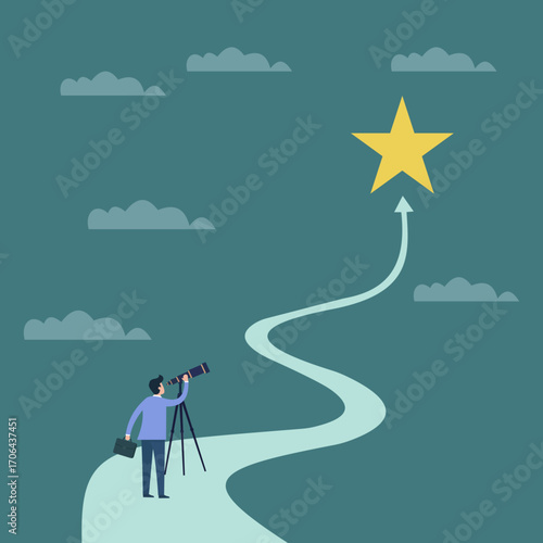 A lone figure gazes at a distant star through a telescope, symbolizing vision, ambition, and the winding journey toward personal goals