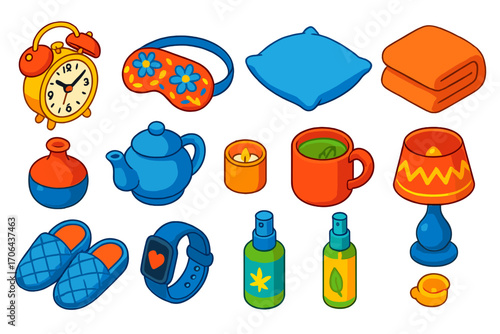 Sleep and Wellness Icons. Isometric vector illustration set sleep and wellness icons featuring alarm clock and night mask: gold