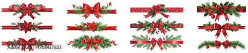 Collection of festive christmas borders with red bows and green fir branches, isolated on transparent background