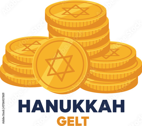 Stacks of golden Hanukkah gelt coins featuring the iconic Star of David, symbolizing a festive Jewish holiday tradition of giving, celebration, and joy.