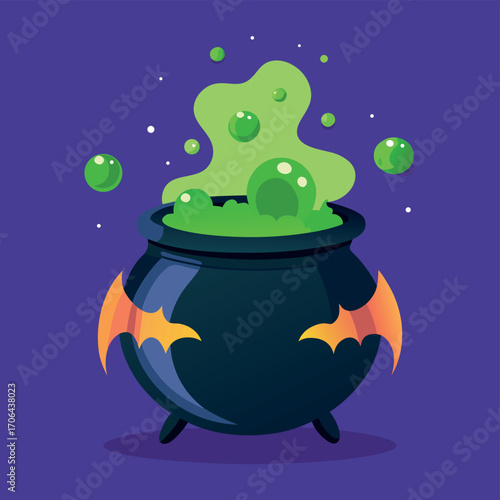 Spooky halloween witch's cauldron bubbling with green potion vector illustration
