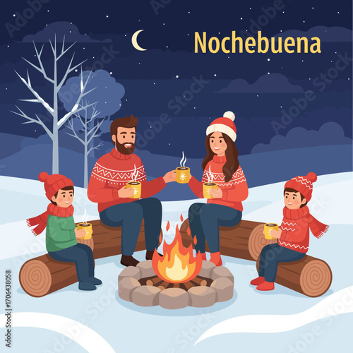 A cozy family of four celebrating Nochebuena, sitting around a warm campfire on a snowy winter night, symbolizing togetherness and holiday spirit.