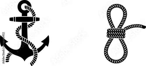 Ship anchor with rope icon set

