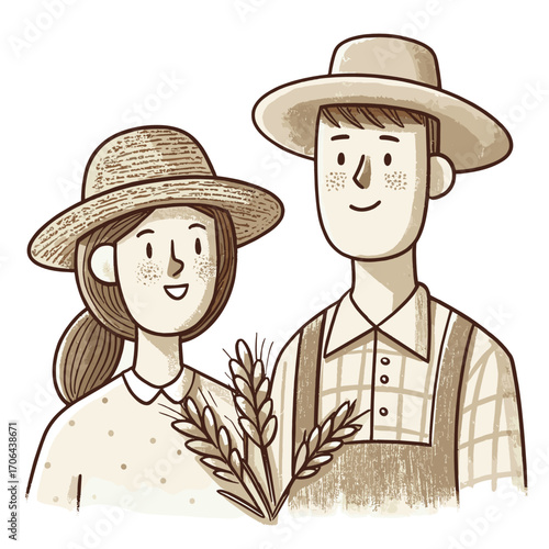 Young couple smiling while holding wheat sheaves in farm setting  