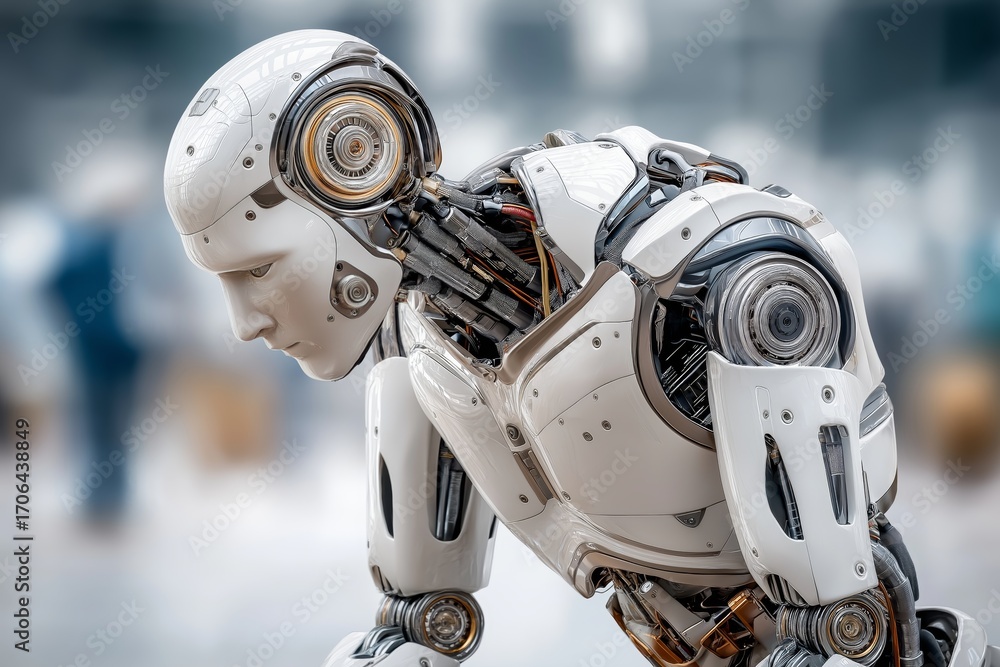 Fototapeta premium Humanoid futuristic android robot with mechanical body and detailed structure symbolizing artificial intelligence advanced technology and cybernetic innovation, Generative AI