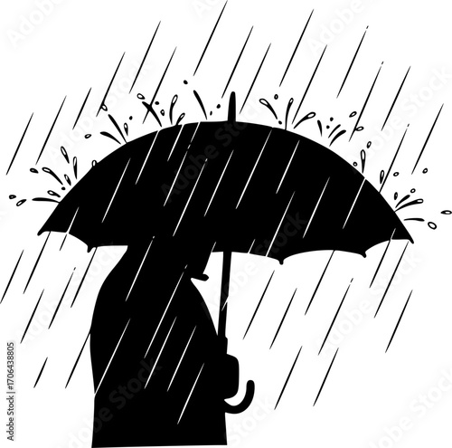 Red umbrella under heavy rain splash
