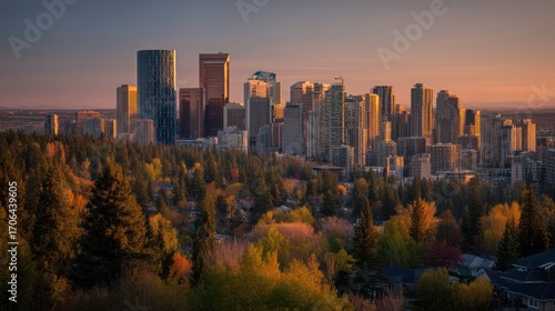 Calgary's urban skyline at sunset framed by a forest in autumn colors creating a captivating