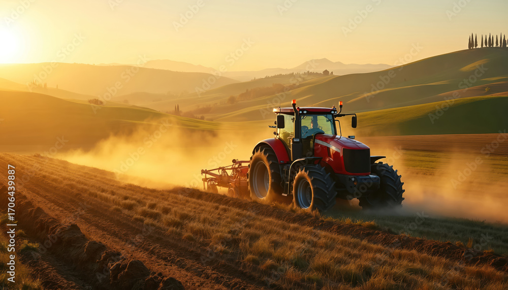Fototapeta premium Powerful red tractor plows field, kicking up dust on rolling hills. Golden sunrise light bathes picturesque landscape. Rural country life, agriculture, farming machinery, hard work at dawn.