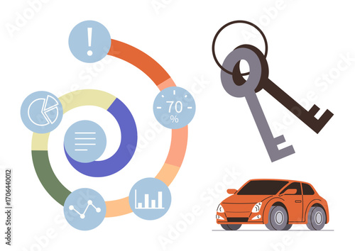 Circular infographic with charts, graphs, and percentage data next to car keys and an orange car. Ideal for automotive trends, vehicle analysis, transportation, ownership, car leasing, business