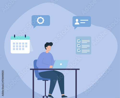 Remote work productivity visualized through task icons, digital tools, and focused workspace in a clean, minimal style