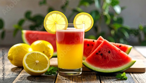 Vibrant layered smoothie drink, adorned with lemon slices, alongside watermelon