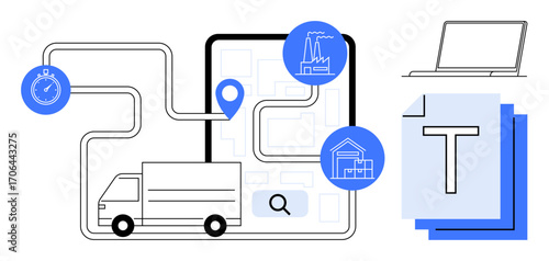 Truck with route map and destination marker, surrounded by factory, warehouse icons, files, and clock. Ideal for logistics, supply chain, delivery, tracking planning automation simple landing page