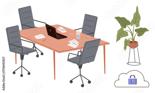 Office setup with table, four chairs, laptop, papers, water glass, potted plant, and cloud lock icon. Ideal for teamwork, productivity data security organization workplace collaboration simple