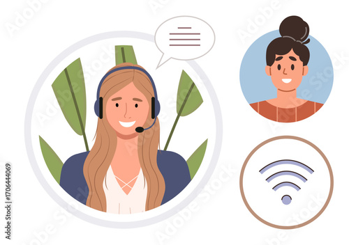 Woman with headset chatting, other person in profile, wireless symbol connecting elements. Ideal for online communication, customer service, tech support, remote work, networking, digital tools