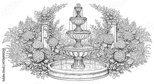 Ancient fountain with five basins and flowing water among lush vegetation, beautiful vector illustration, black and white hand-drawn sketch, SVG