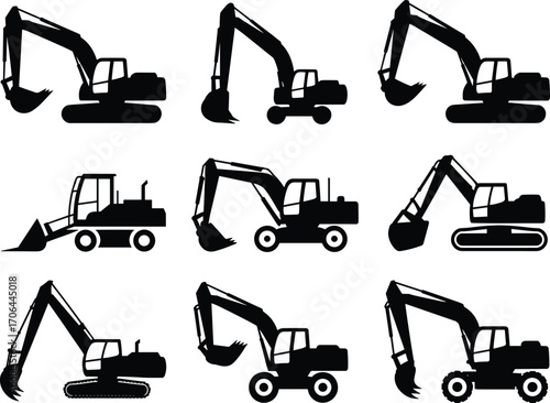 Construction vehicle silhouettes, excavator, bulldozer, loader, heavy machinery, earthmoving equipment, industrial icons, building, engineering, roadwork, mining, demolition, vector illustration set