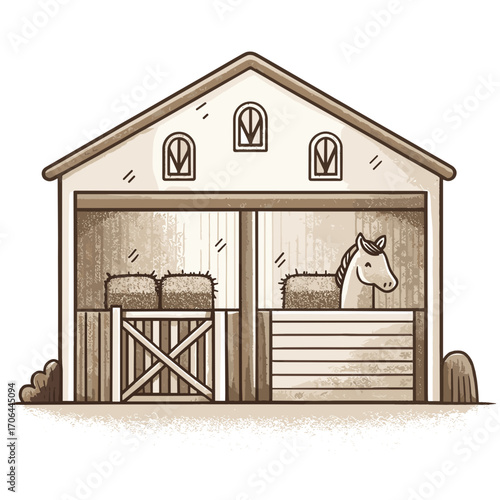 Stable interior with horse and hay bales in rustic style  